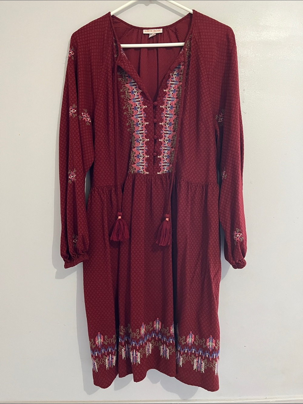 Embroidered Burgundy Peasant Dress Knox Rose women’s XL Pockets pullover